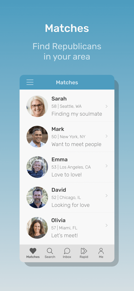 Screenshot of the Republican Singles Dating app matches feed showing a list of user profiles with photos, names, ages, and locations.