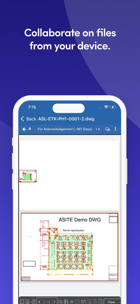 Asite CDE Mobile - Mobile interface of Asite CDE app showing a construction floor plan for team collaboration