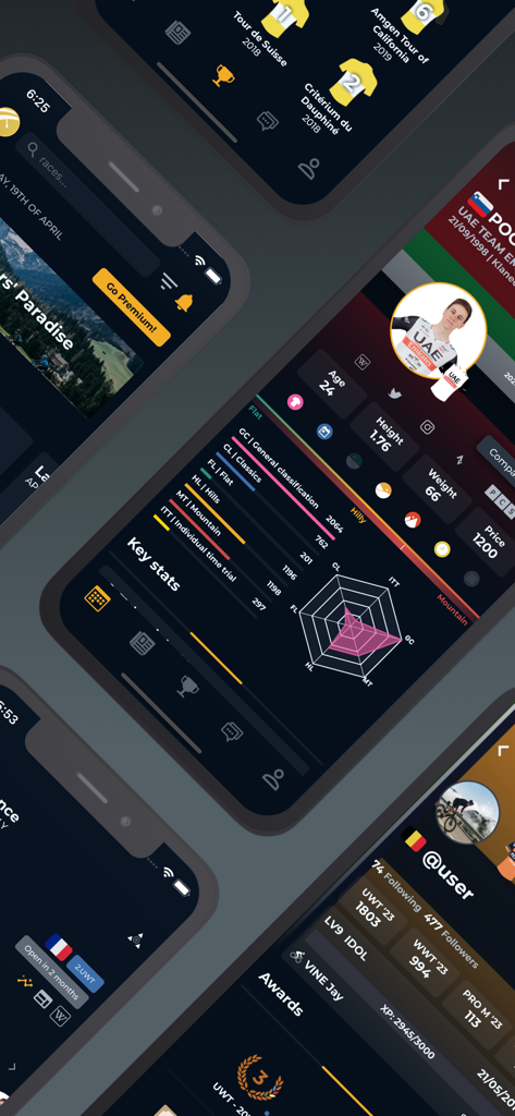 Mobile app screenshots displaying professional cycling rider stats and fantasy team manager profiles.