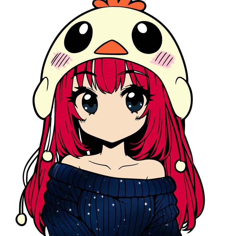 anime girl with chick shaped hat with sweater with bare shoulders with bangs covering them one eye with low tail