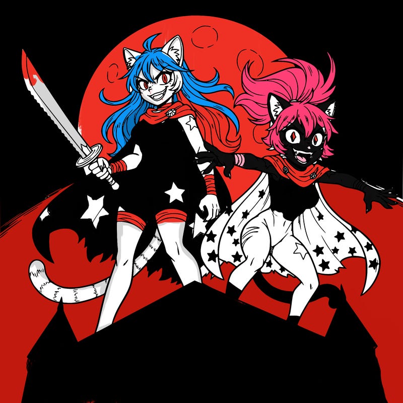 two dangerous looking cat girls on-top of a building one is taller and has longer hair her eyes look angry but she is smiling she is also holding a blade she is also wearing a cape with white stars the other one is shorter and is in a villain like position she is laughing with no joy and is wearing a cape with black stars she has her hair in a messy ponytail the sky is night and the moon is full.