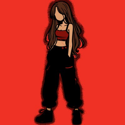girl in baggy pants crop top and long hair