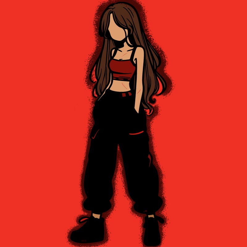 girl in baggy pants crop top and long hair