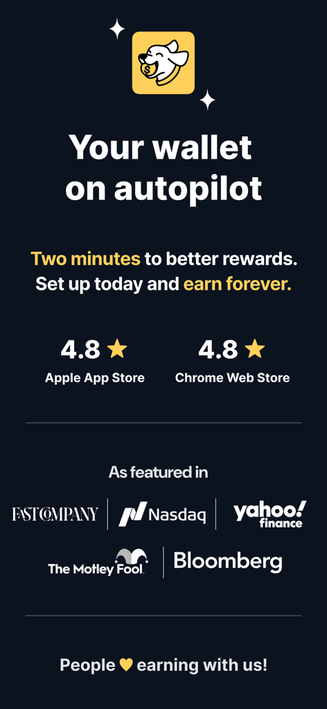 Kudos: Put Your Wallet to Work - Marketing screen for Kudos app highlighting 4.8 star ratings and media mentions in Nasdaq Bloomberg and Yahoo Finance