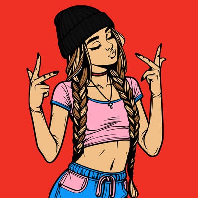 realistic teenage girl with braids and a beanie and crop top doing 🫶🏼