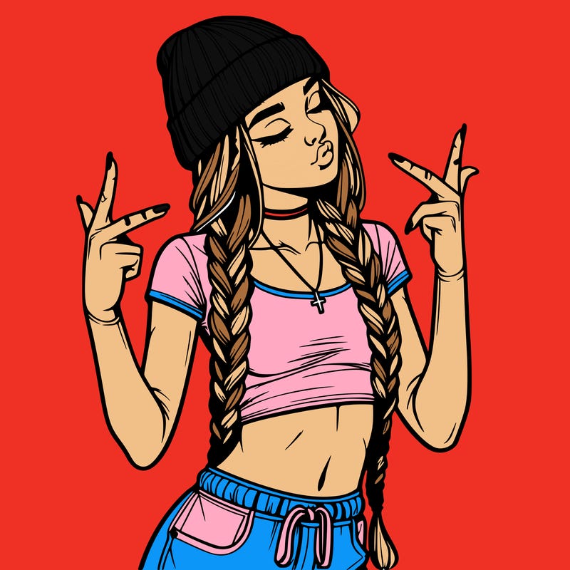 realistic teenage girl with braids and a beanie and crop top doing 🫶🏼