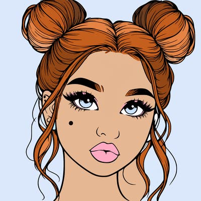 realistic girl with two buns on her hair and lips