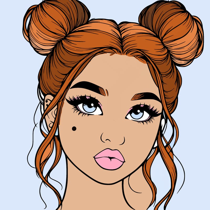 realistic girl with two buns on her hair and lips