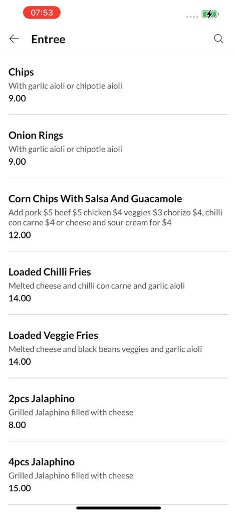 TNT Mexican Restaurant - Entree menu screen of TNT Mexican Restaurant mobile app