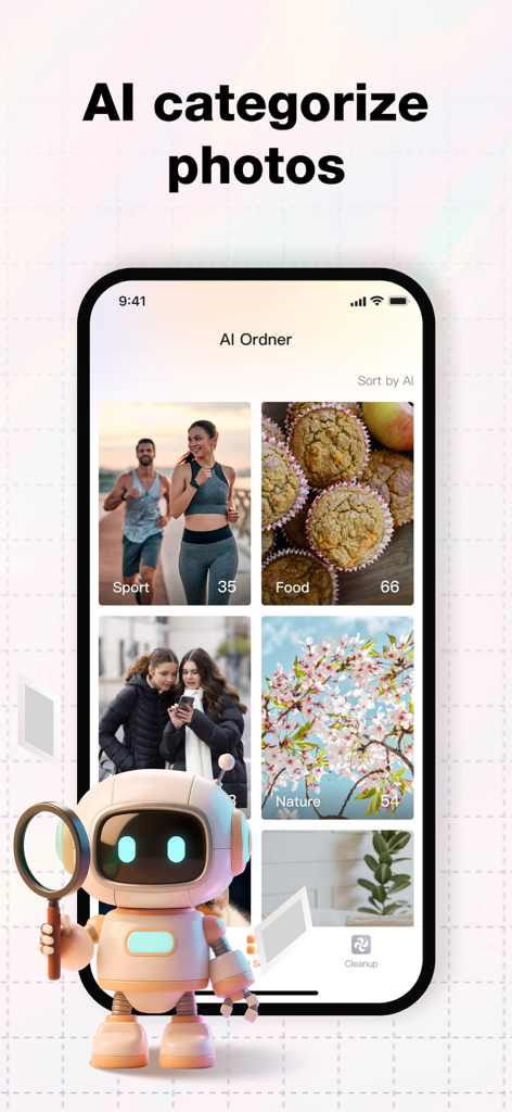 Mobile app interface showing photos automatically categorized into folders like Sport Food and Nature by an AI robot assistant