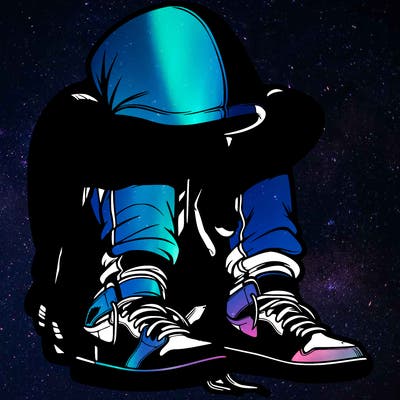 depressed man wearing hoodie and jordan shoes and baggy jeans