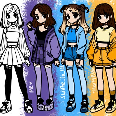 one girl with crop-top shirt and a jacket with a skirt, long socks and another girl with a shirt and pants with a jacket