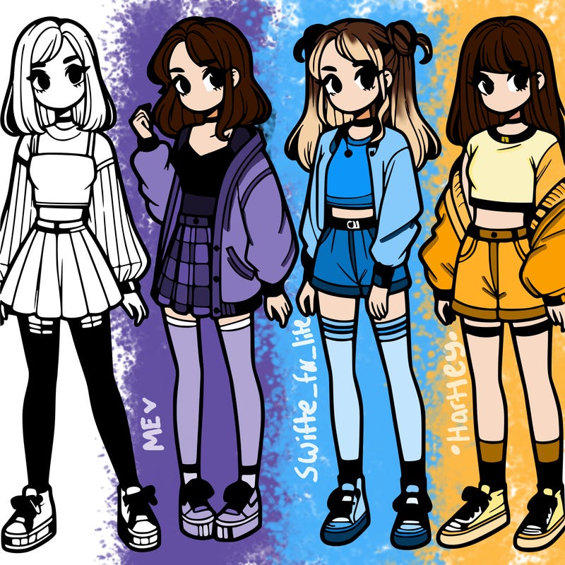 one girl with crop-top shirt and a jacket with a skirt, long socks and another girl with a shirt and pants with a jacket