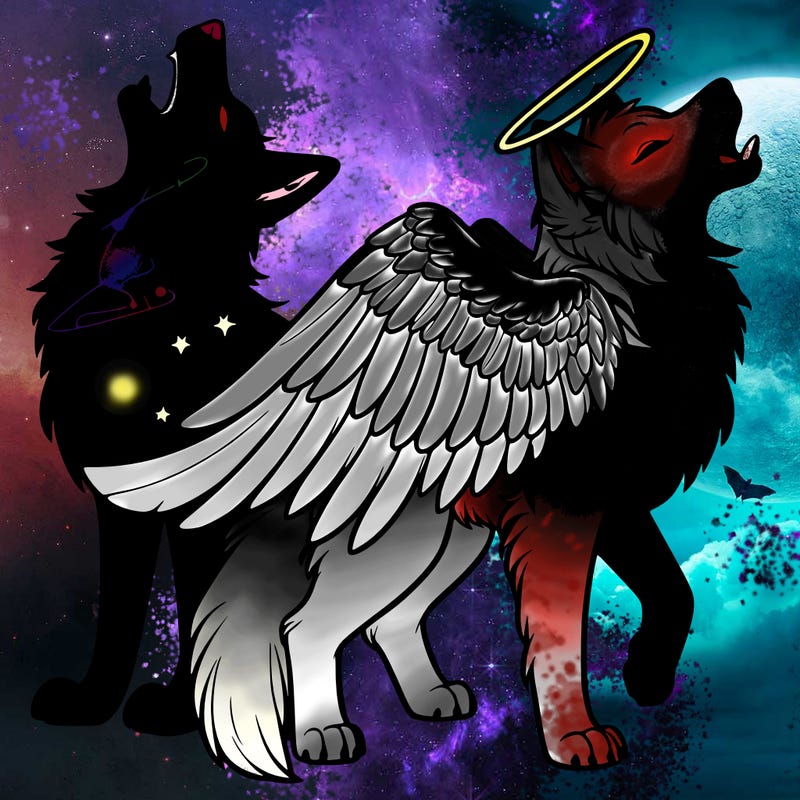real life galaxy wolf howling with an angel wolf