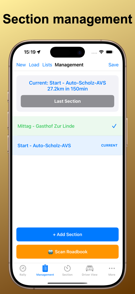 Interface do aplicativo OldTimer Rally Timer mostrando a tela de gerenciamento de seções com opções para adicionar seções e digitalizar roadbooks