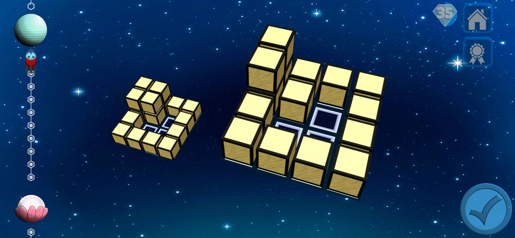 A 3D cube building exercise in Piko's Blocks educational game with a space-themed background