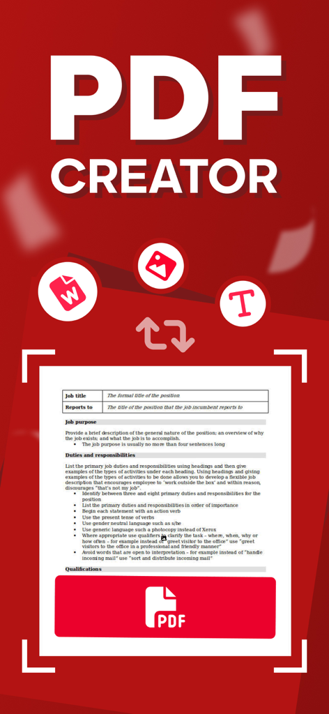 PDF Creator & Document Maker - Interface de l'application PDF Creator montrant la conversion de documents Word, d'images et de texte en fichiers PDF professionnels