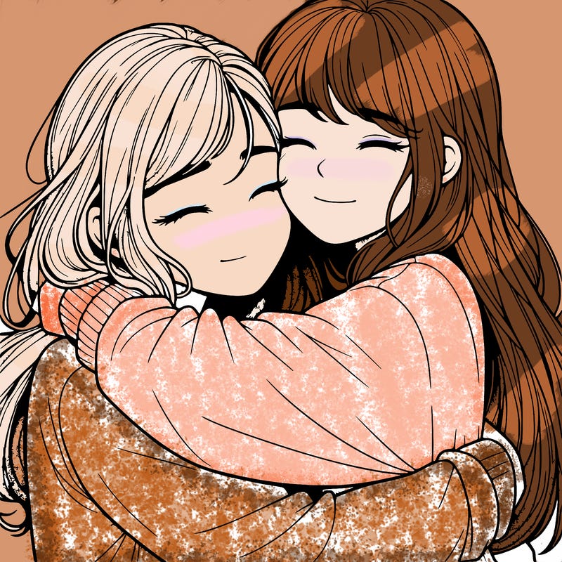 realistic two girls hugging