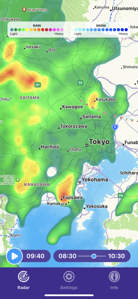 Interactive live radar map showing rain and snow intensity over Tokyo
