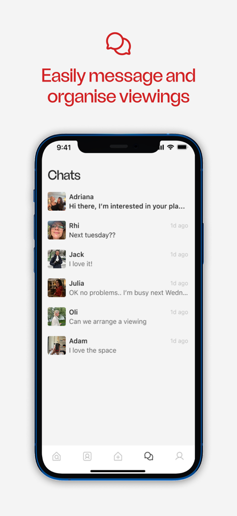 Friends of Friendz - Captura de tela da interface de chat do aplicativo Friends of Friendz para enviar mensagens a colegas de quarto e organizar visitas a apartamentos