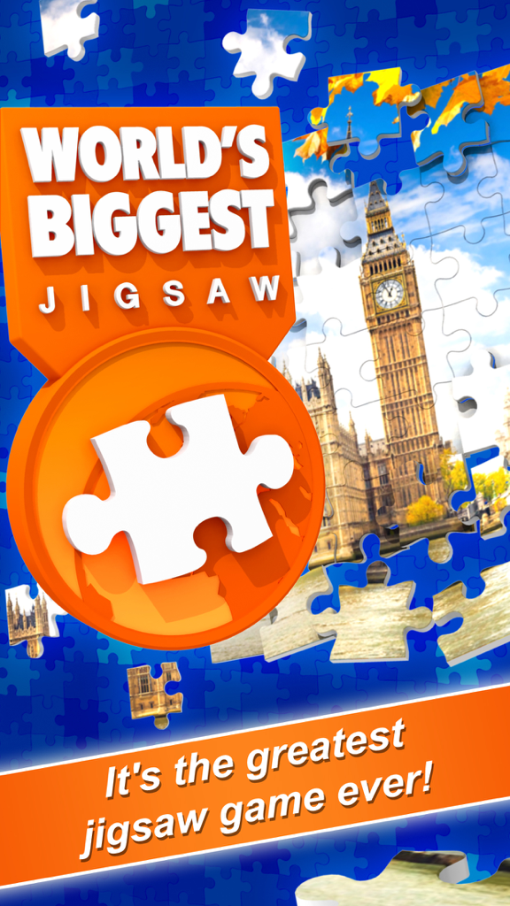 Pantalla del juego World's Biggest Jigsaw mostrando un rompecabezas del Big Ben en Londres.