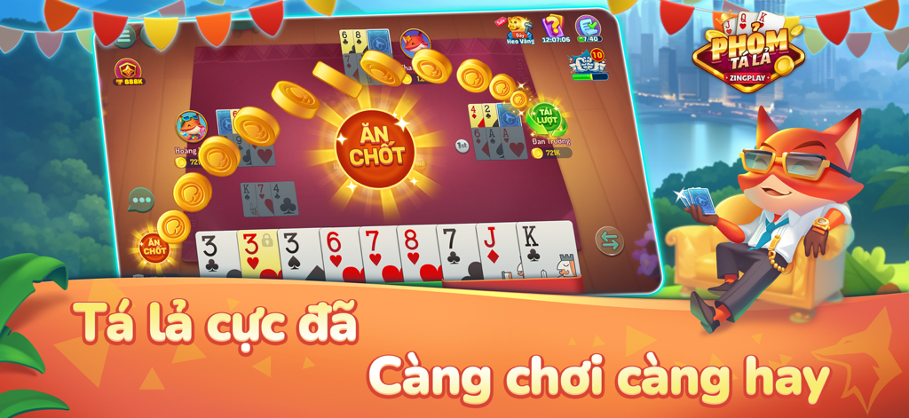 Gameplay-Bildschirm von Phom Ta La ZingPlay Global, der eine gewinnende Kartenhand und ein cooles Fuchsmännchen zeigt