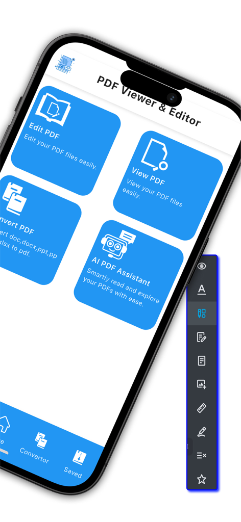 編集、表示、変換、AIアシスタント機能を示すPDFビューアおよびエディタアプリのモバイルダッシュボード