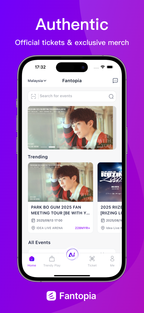 Fantopia Ticketing app home screen showing trending events and official merchandise for fans