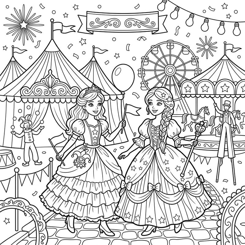 Embark on a grand adventure with two beautiful princesses as they explore a vibrant carnival. This delightful coloring page combines the magic of royalty with the excitement of a festive fair.