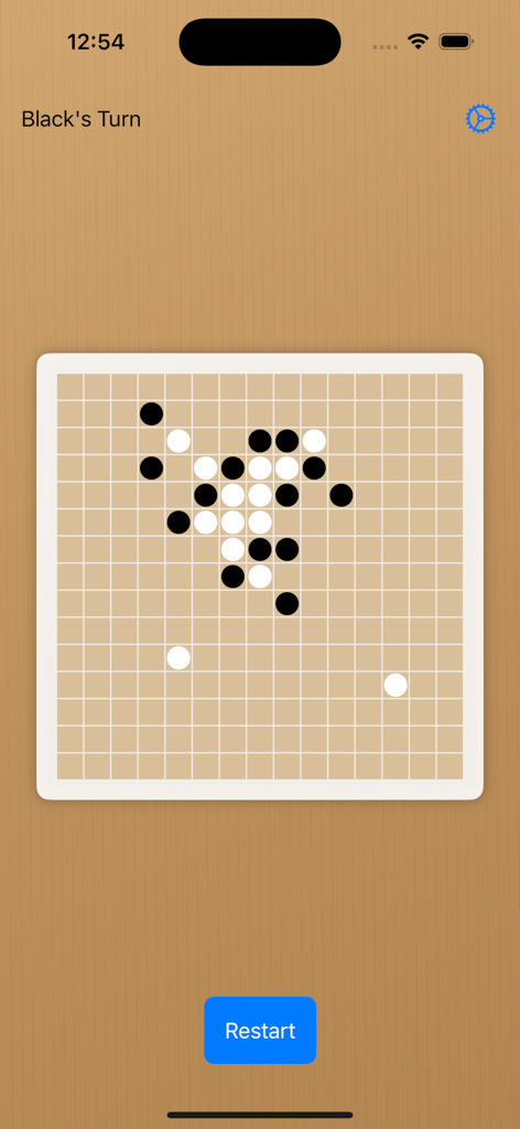 Gomoku Chess For Watch - A Gomoku board game screen showing black and white stones on a grid with a restart button