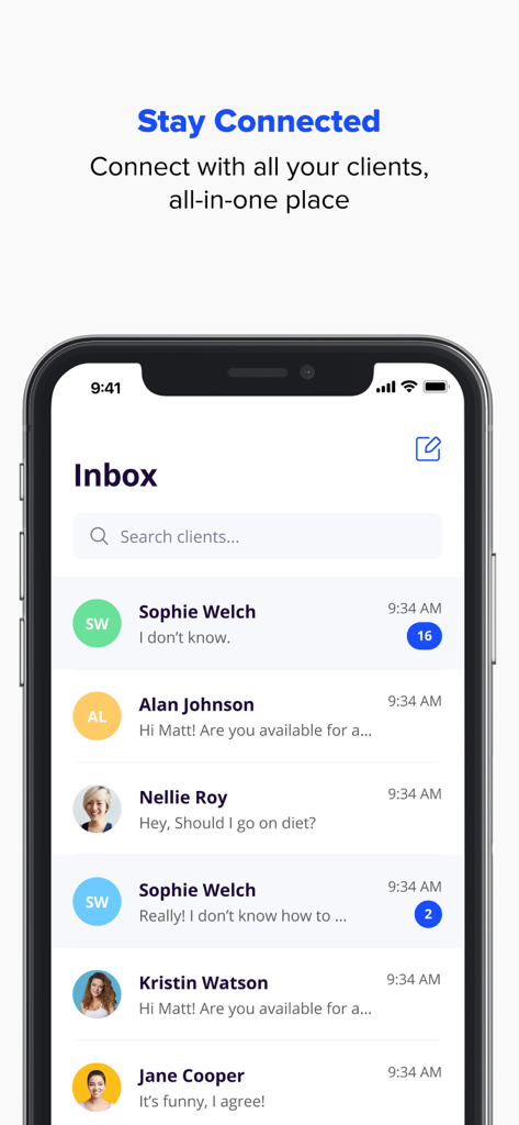Everfit for Coach - The messaging inbox screen in the Everfit for Coach app showing a list of direct messages from fitness clients.