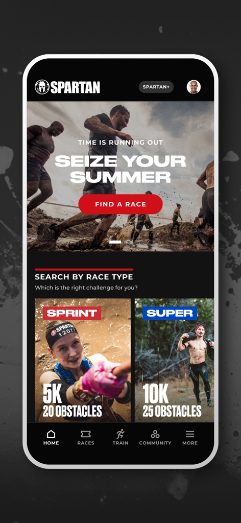 The Spartan Race mobile app home screen showing race options for Sprint and Super obstacle courses.
