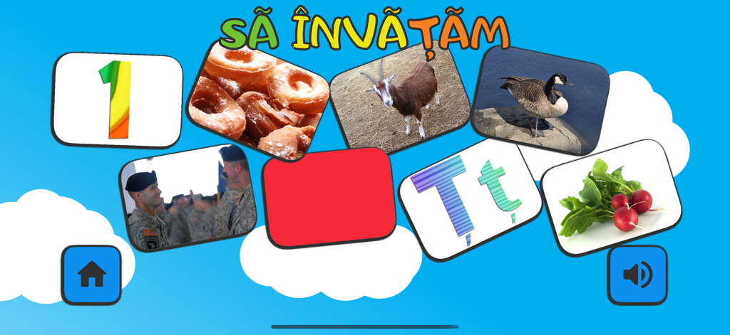 ABC for kids (RO) - Interactive learning menu in the ABC for kids Romanian educational app showing categories like numbers, animals, and letters