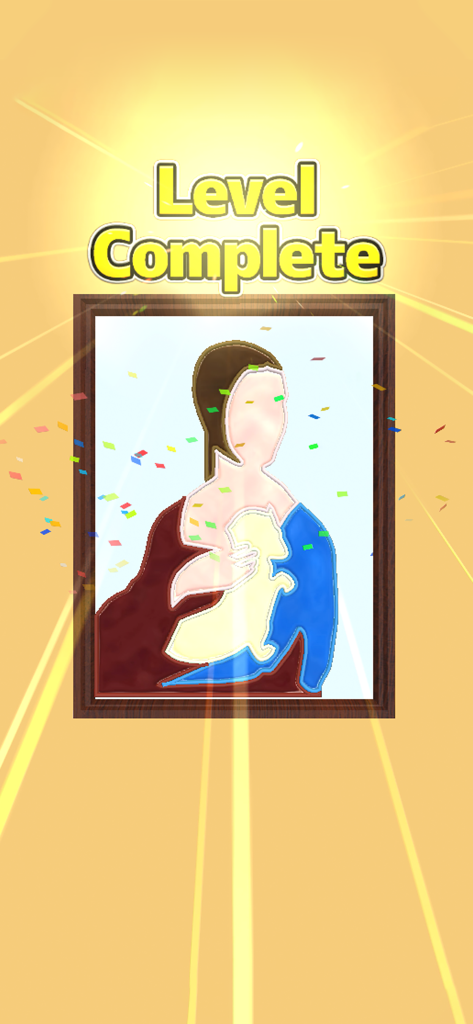 Paint Dropper - 담비를 든 여성의 완성된 미니멀리스트 그림을 보여주는 Paint Dropper의 레벨 완료 화면