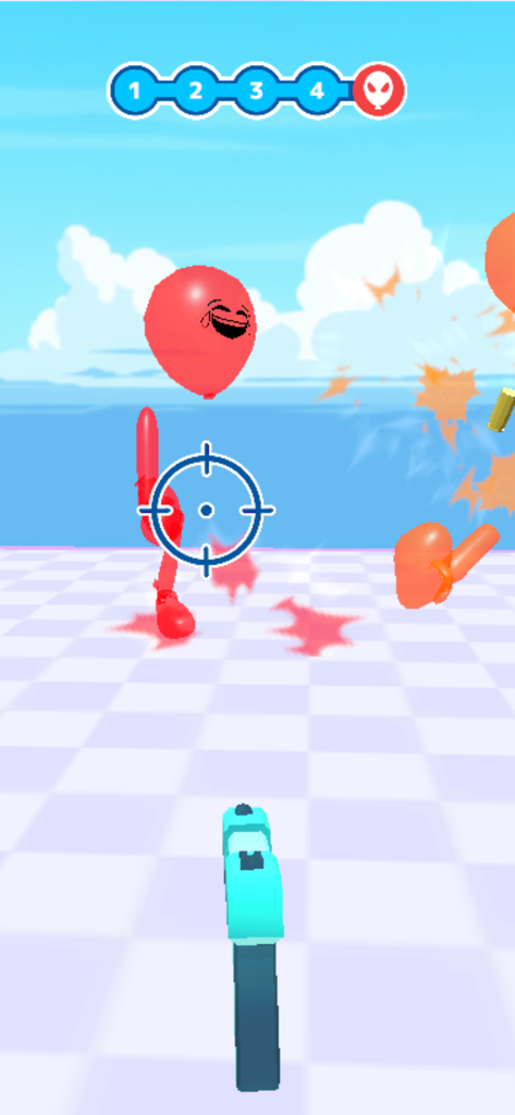 Balloon Crusher: Shoot’em all - A first person perspective of aiming at a red balloon enemy in Balloon Crusher