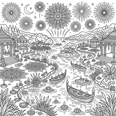 Immerse yourself in the vibrant spirit of Diwali with this unique coloring page set in a beautiful estuarine habitat. Discover a serene landscape adorned with traditional diyas, intricate rangoli patterns, and spectacular fireworks, waiting for your artistic touch.