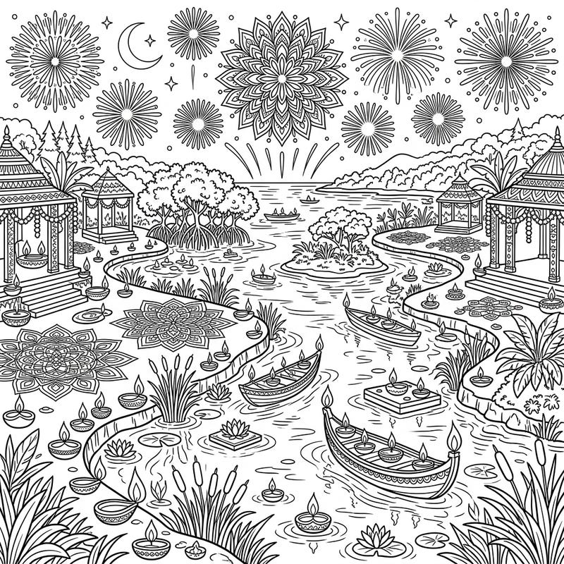 Immerse yourself in the vibrant spirit of Diwali with this unique coloring page set in a beautiful estuarine habitat. Discover a serene landscape adorned with traditional diyas, intricate rangoli patterns, and spectacular fireworks, waiting for your artistic touch.