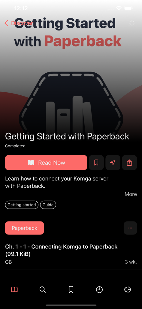 Paperback - Comic/Manga Reader - Paperback app onboarding screen showing a tutorial for connecting a Komga server