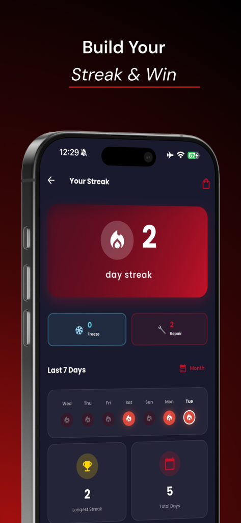 Aprender Inglés in 30 days - Interfaz de usuario de la aplicación de aprendizaje de inglés que muestra una racha de progreso de dos días y un rastreador de actividad diaria.