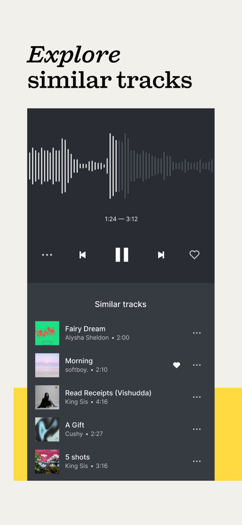 Epidemic Sound Music for Video - Epidemic Sound app interface showing the explore similar tracks feature with an audio waveform and a list of recommended songs