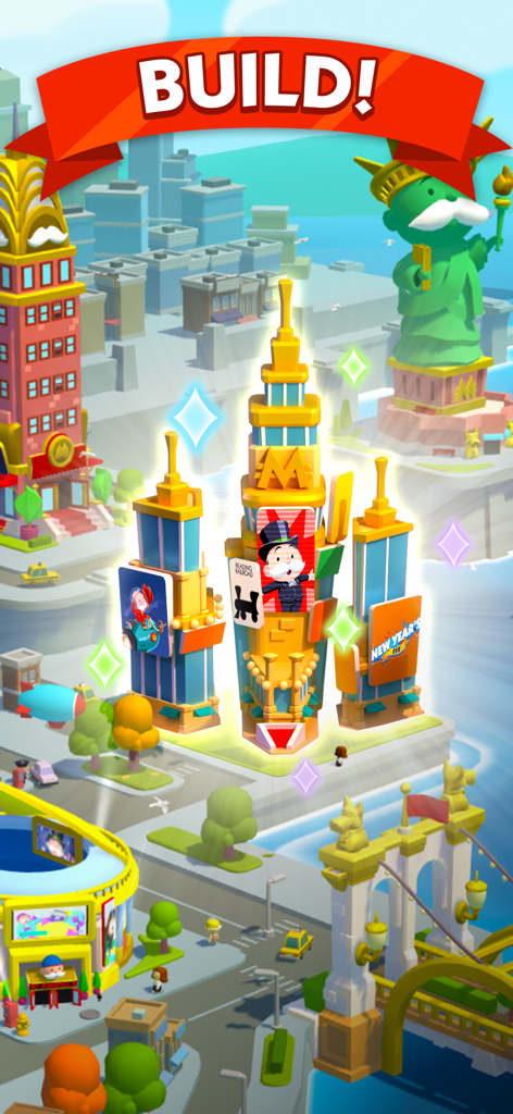 賑やかな3D都市と「建設」バナー、様式化されたランドマークが表示されたモノポリーゴーゲームプレイ画面。