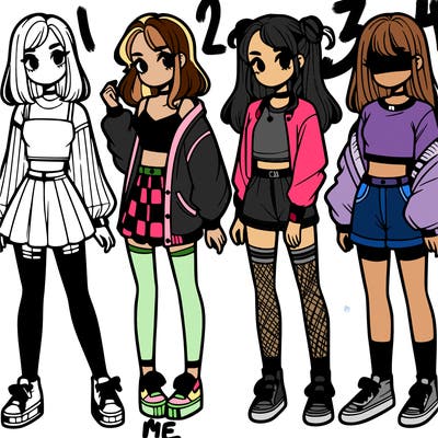 one girl with crop-top shirt and a jacket with a skirt, long socks and another girl with a shirt and pants with a jacket