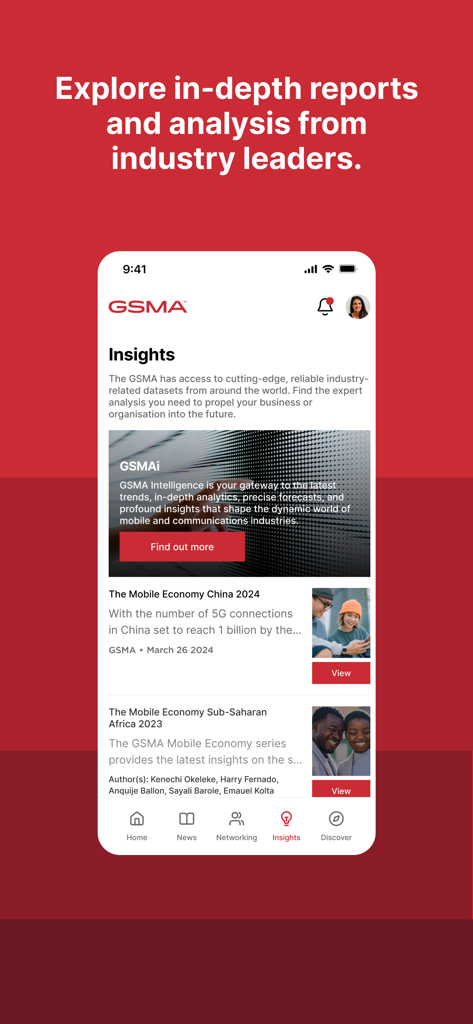 GSMA app interface showing the Insights section with in-depth industry reports and analysis