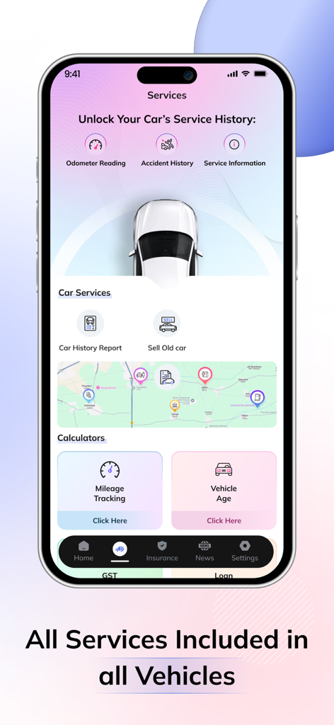 Uma interface de aplicativo móvel para RTO All Vehicle Information mostrando histórico de serviços do veículo, relatórios de histórico do carro, um mapa de serviços e calculadoras de utilidade para quilometragem e idade do veículo.