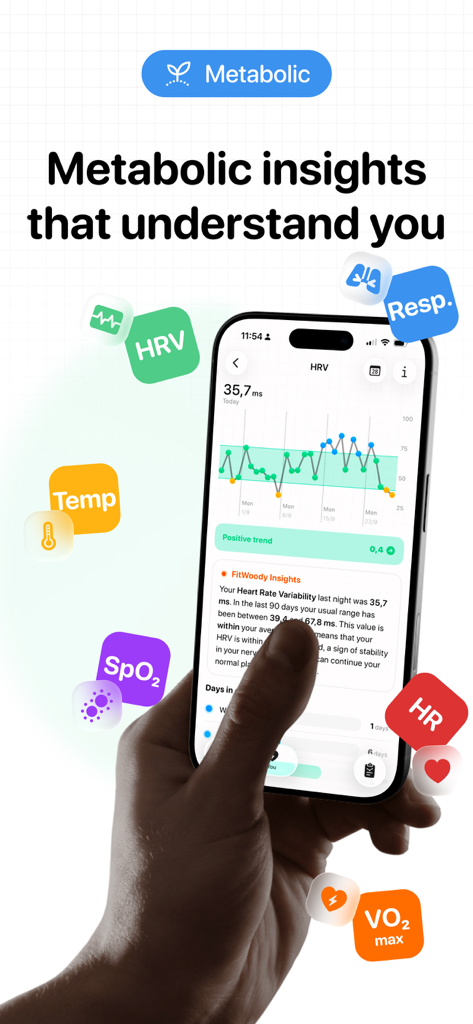FitWoody: Health Tracker - Aplicativo FitWoody exibido em um iPhone mostrando insights de saúde metabólica e tendências de variabilidade da frequência cardíaca com ícones de métricas flutuantes