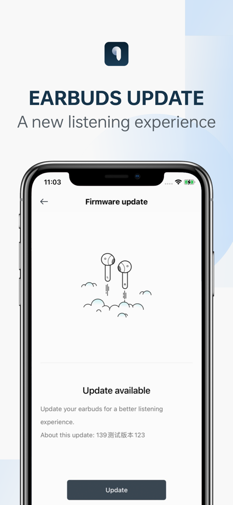 HeyMelody app screen showing an available firmware update for wireless earbuds with an update button