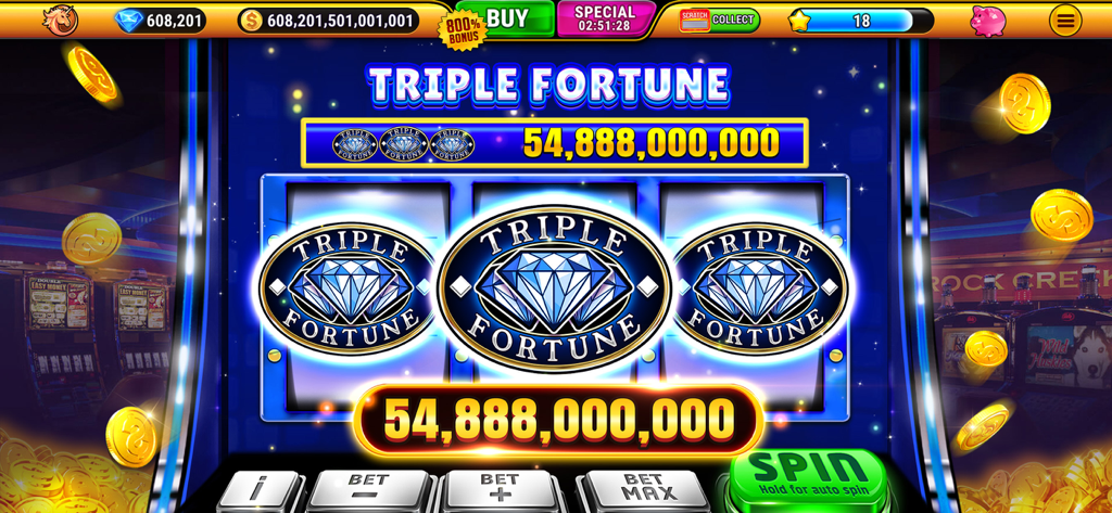 Pantalla de la máquina tragamonedas Triple Fortune que muestra una victoria masiva de jackpot con símbolos de diamantes y monedas de oro flotantes.
