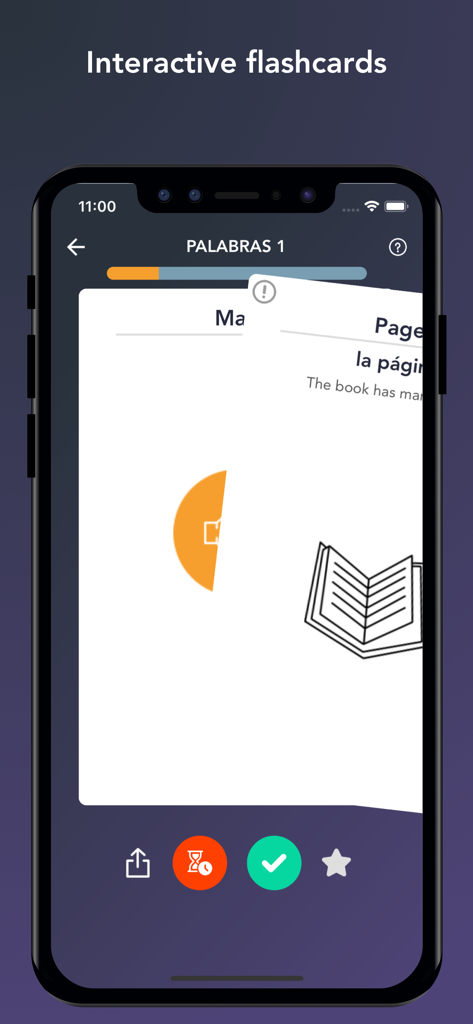 Tobo: Learn English Vocabulary - English vocabulary learning interface showing an interactive flashcard for the word page with a book illustration