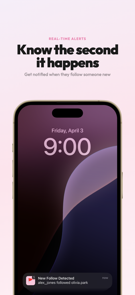 Red Flag: Track Recent Follows - iPhone lock screen displaying a real-time follow alert notification from the Red Flag app