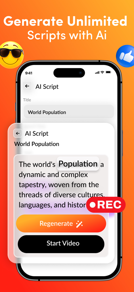 Teleprompter :Video Recording· - Smartphone interface showing the AI script generation feature for video recording with buttons to regenerate and start video.